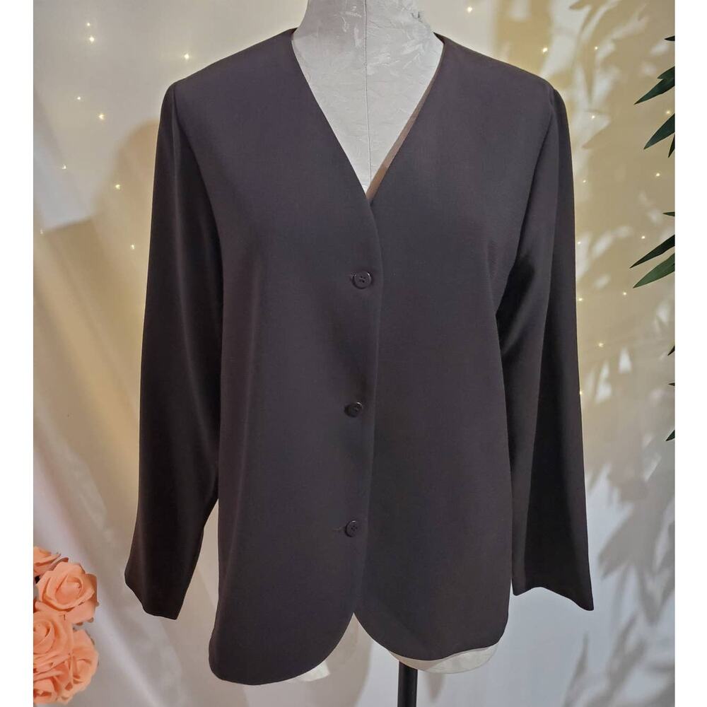 Eileen Fisher 100% Wool 3 Button V Neck Blazer Jacket Womens Size S Lightweight